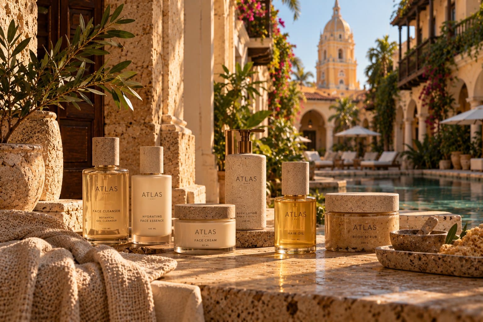 Productos ATLAS sobre piedra caliza junto a la piscina de un hotel de Cartagena
