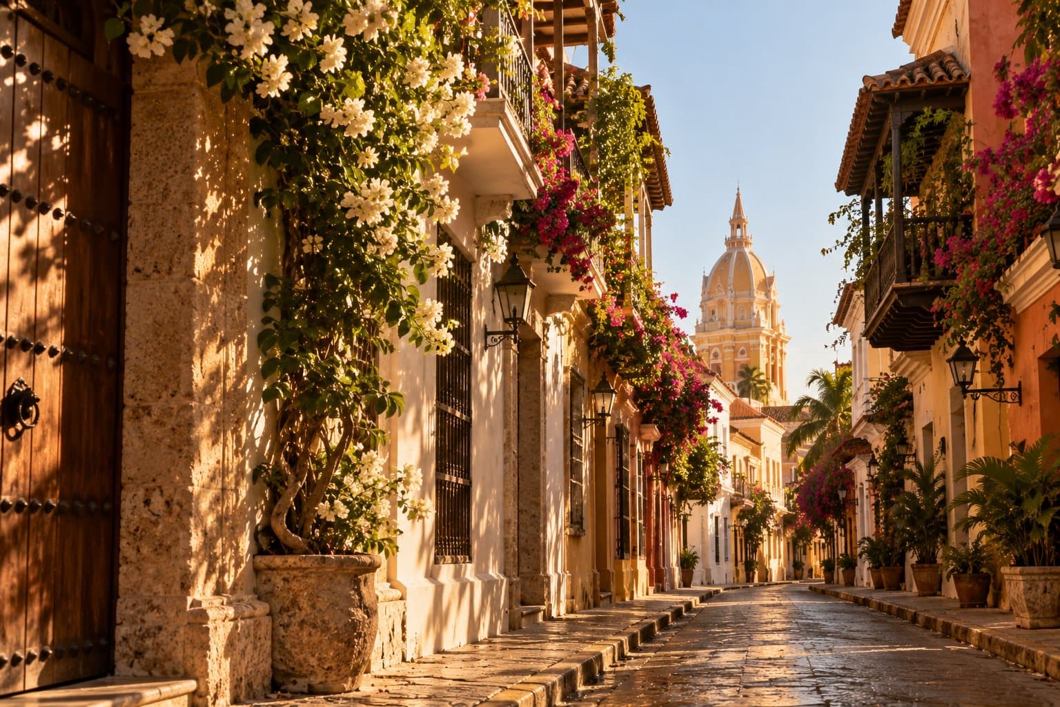 Calle de Cartagena al atardecer, con bugambilias y la cúpula de la catedral al fondo