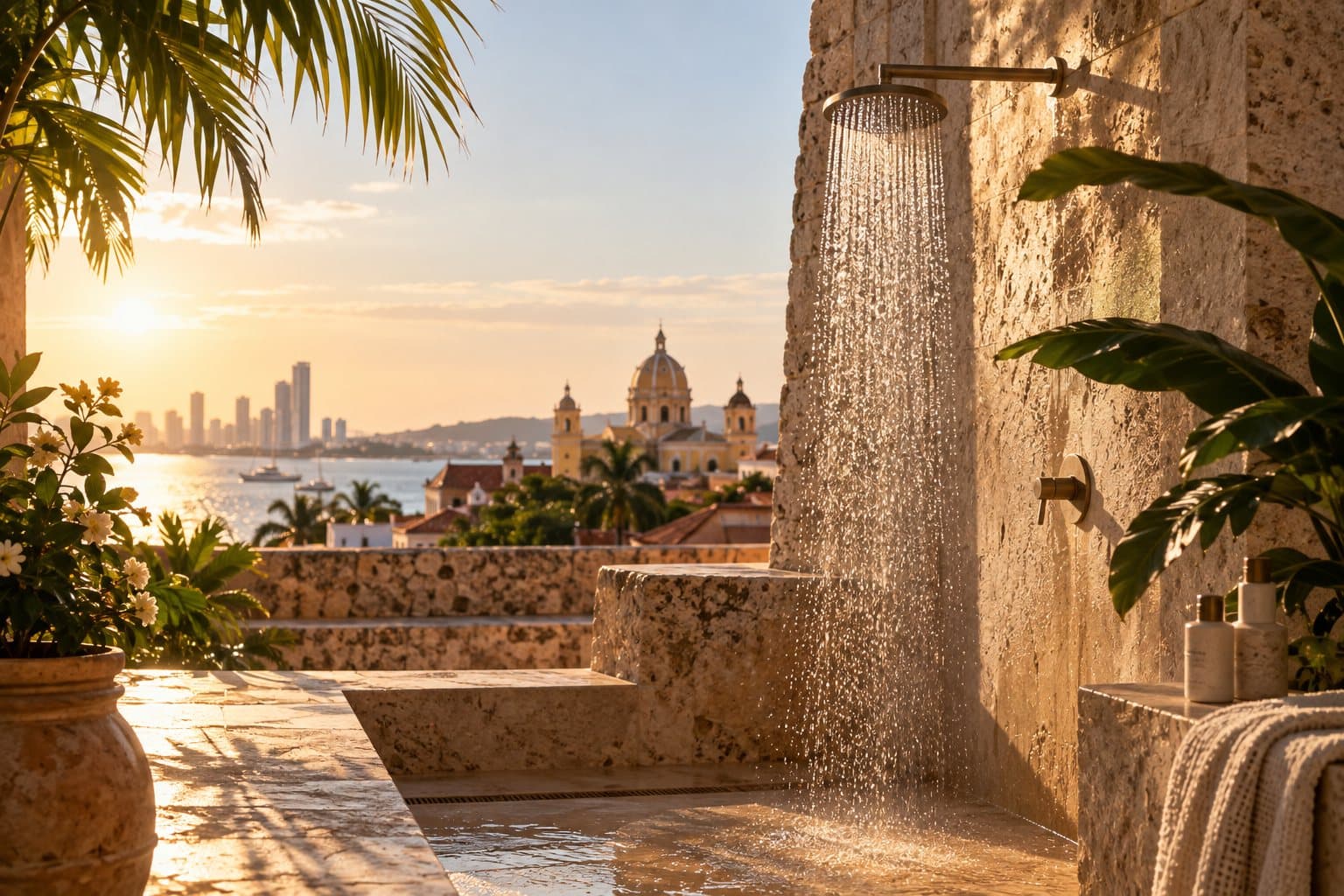 Ducha de piedra caliza con vista a la bahía de Cartagena